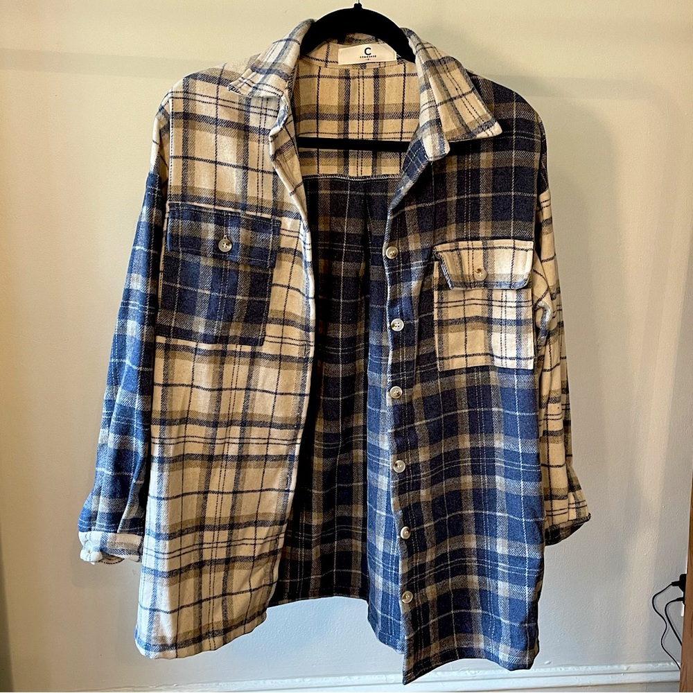 Commense Color Blocked Plaid Flannel Shirt Jacket, size M